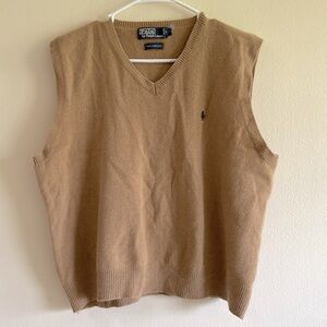 Polo Ralph Lauren Vintage Tan V Neck Green Pony Logo Lambswool Sweater Vest